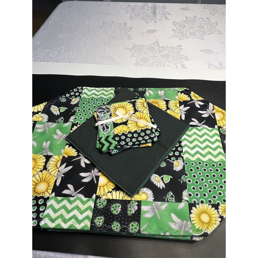 12pc Quilted Yellow Flowers Dragonfly Placemats Napkins Coasters Amish Made New
